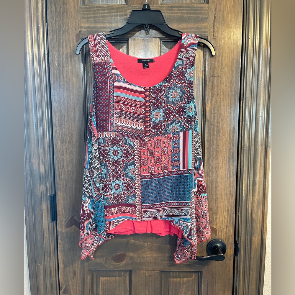 Espresso Asymmetrical Coral and Blue Tank Top